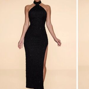 Oh Polly Embellished High Neck Split Maxi Dress